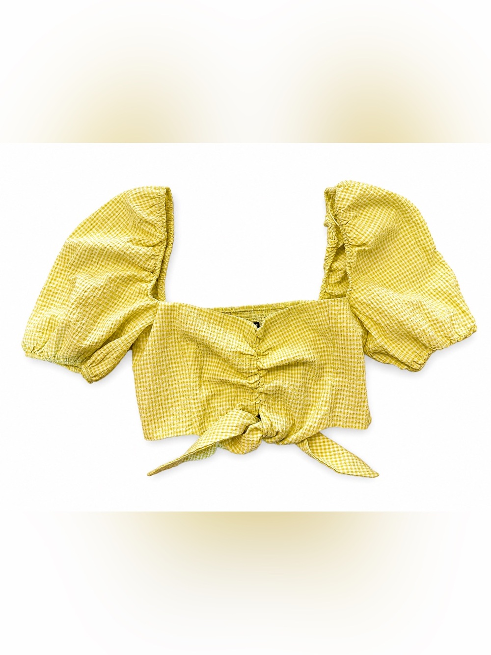 Zara Yellow Gingham Puff Sleeve Tie Front Crop Top | Seersucker | Size S